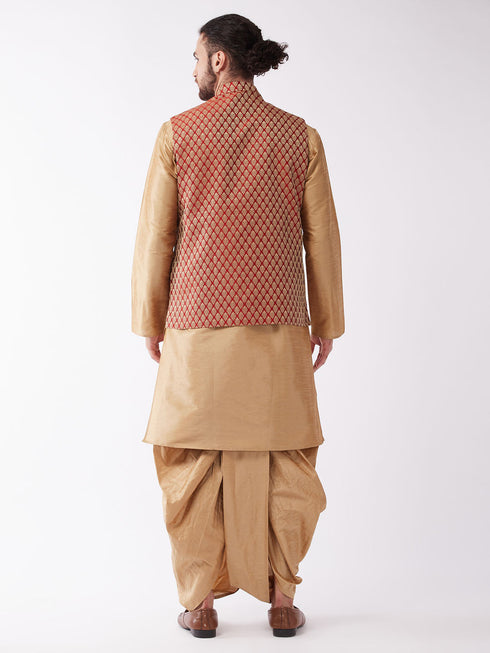 Vastramay Men's Rose Gold Solid Silk Blend Kurta and Dhoti With Maroon Nehru Jacket